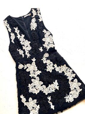 Alice + Olivia Pamela Black & White Embellished Floral Fit & Flare Mini Dress